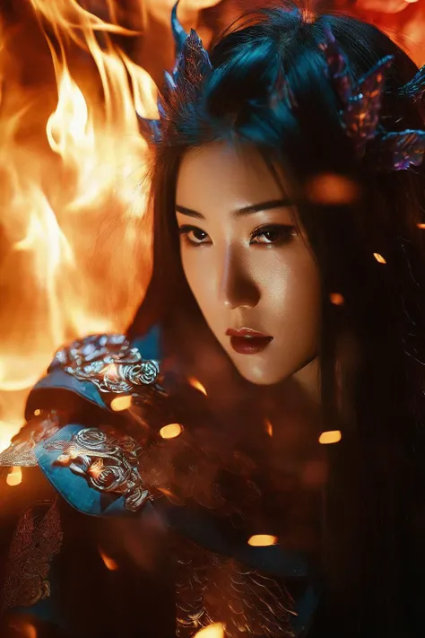 cinematic photo cinematic photo oriental fantasy,chinese humanoid monster,1girl,Cinematic movie still,fire body, capturing the ethereal beauty of a delicate fire spirit,alluring charm,shape-shifting abilities. Professional photo,enchanting lighting . 35mm ...