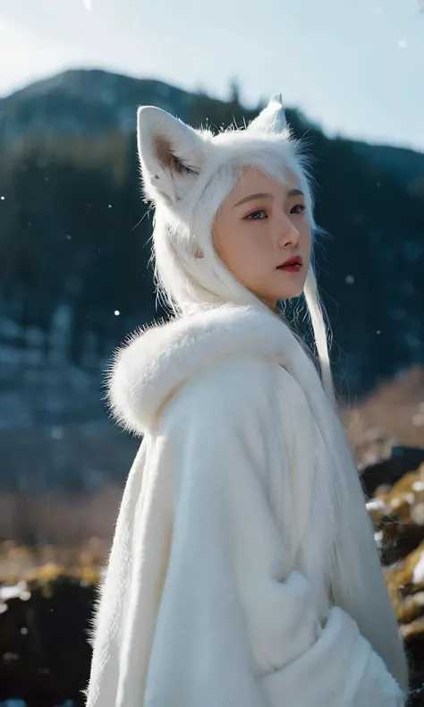 masterpiece,best quality,winter,humanoid monster,super cute a girl,aged 16,Cinematic movie still,capturing the ethereal beauty of a delicate white fox spirit,alluring charm,shape-shifting abilities. Professional photo,enchanting lighting . 35mm photograph,...