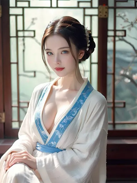 90s HongKong, xsfantasy, oriental fantasy, hanfu, 
(sensual girl, stunning eyes, smirk, short brown hair, pale skin, tight cotton white bathrobe, striking blue eyes, huge cleavage)
masterpiece, best quality, 8K
<lora:sdxL_offset:-1>