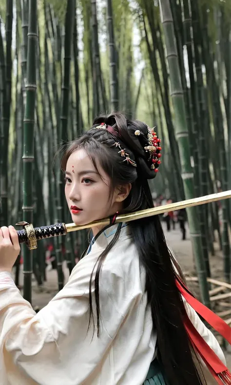 (dramatic, gritty, intense:1.4), masterpiece, best quality, 8k, insane details, intricate details, hyperdetailed, hyper quality, high detail, ultra detailed, Masterpiece, 1girl, solo, hanfu, dress, red ribbon, jewelry, wind, long sleeves, long hair, hair o...