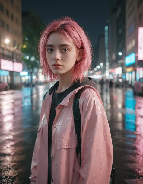 photo portrait of a woman with pink hair in a pastel raincoat, looking at the camera, at a bustling crosswalk at night, wet reflections, Highly Detailed, Vibrant, Production Cinematic, reflections on wet street, 8k, film grain, 70mm, Portra 800, 8k, uhd, m...