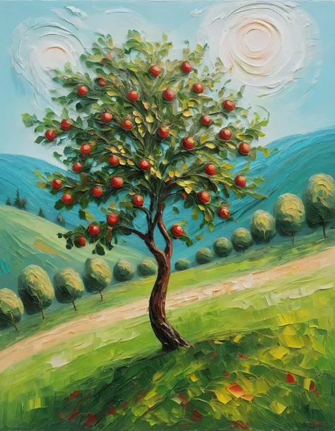 Impasto Painting, an apple tree standing on a hill in summer, 8k, uhd, masterpiece