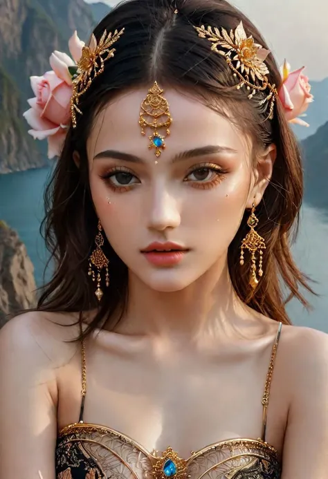 masterpiece, perfect face, intricate details, fantasy theme, an enchanting painting of a young woman, alot of jewels, Photorealistic Art ,8 , High Resolution, Real, Ultra-Detailler , rose on hair, ornate tattoo, ((cropped top, short shorts)), aesthetic, (h...