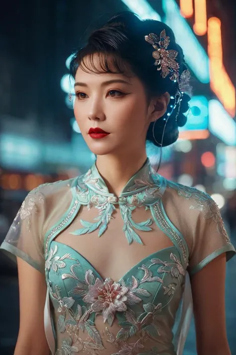 A beautiful  woman wearing a cheongsam,short shawl and jewelry,  (Skinny Short-sleeved cheongsamr), gorgeous, art by Wong Kar-wai, neonlit night scenes ., A combination of modern and retro, Cyberpunk neon,(strong rim lighting:1.2),(light penetrates through...