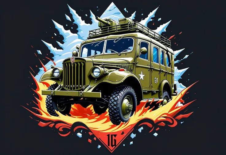 logo t-shirt design, fantasy art,1940 GAZ-69 Russian army vehicle, extreme off-road expedition, perspective view,  Hyperrealistic, splash art, concept art, mid shot, intricately detailed, color depth, dramatic, 2/3 face angle, side light, colorful backgrou...