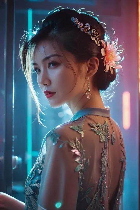 A beautiful  woman wearing a cheongsam,short shawl and jewelry,  (Skinny Short-sleeved cheongsamr), gorgeous, art by Wong Kar-wai, neonlit night scenes ., A combination of modern and retro, Cyberpunk neon,(strong rim lighting:1.2),(light penetrates through...