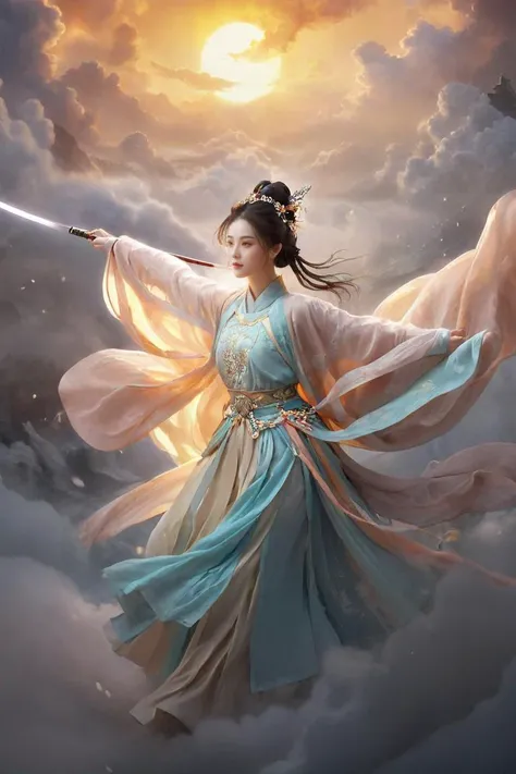 Chinese style illustration, chinese clothes, hanfu,A female hero wields two swords, surrounded by clouds and mist. She steps on the auspicious clouds and rides on the clouds., A strong light shines behind her back, ,chinese clothes, hanfu, detailed , splen...