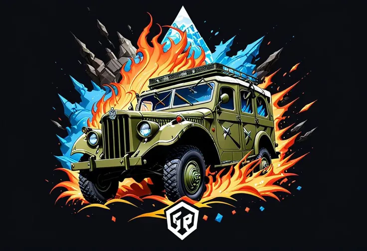 logo t-shirt design, fantasy art,1940 GAZ-69 Russian army vehicle, extreme off-road expedition, perspective view,  Hyperrealistic, splash art, concept art, mid shot, intricately detailed, color depth, dramatic, 2/3 face angle, side light, colorful backgrou...