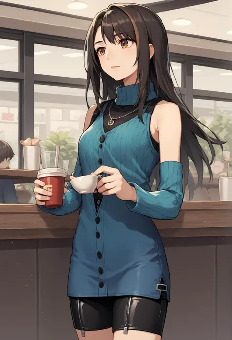 anime girl in blue dress holding a cup of coffee