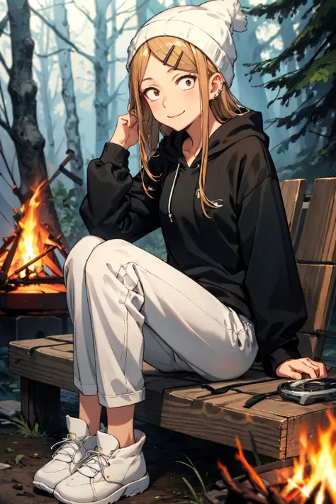 masterpiece,best quality,highres,ultra-detailed,bbsaya,sanpaku,long hair,parted bangs,hairclip,ear piercing,small breasts,beanie, hoodie, pants, sitting, outdoors, dusk, campfire, tent, forest,(white footwear:1.3),<lora:endou_saya:0.8>,outdoors,cowboy shot...