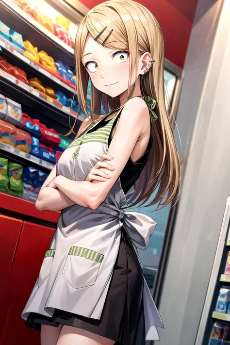 (masterpiece, best quality, detailed), 1girl, solo, looking at viewer, aasaya,sanpaku,long hair,parted bangs,hairclip,ear piercing,small breasts,(apron:1.2),tank top,black shirt,sleeveless,skirt,
indoors, convenience store, shop, against wall, leaning, smi...