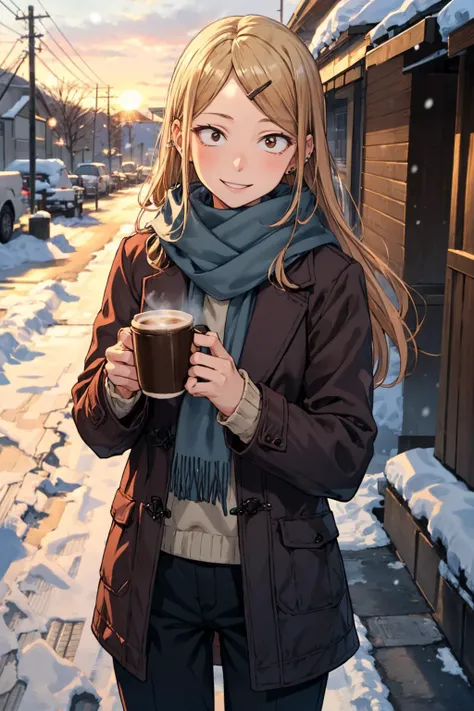 masterpiece,best quality,highres,ultra-detailed,bbsaya,sanpaku,long hair,parted bangs,hairclip,ear piercing,small scarf, winter coat, pants, holding, coffee cup, outdoors, sunrise, overcast, snowing, sidewalk,,<lora:endou_saya:0.8>,outdoors,cowboy shot,smi...