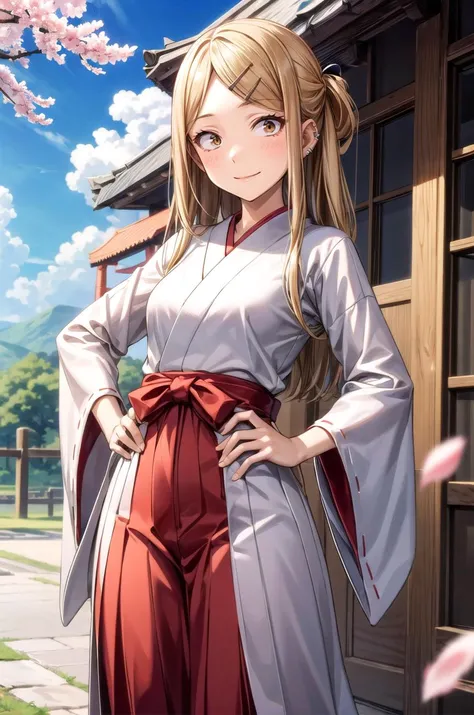 (masterpiece, best quality, detailed), 1girl, solo, looking at viewer, aasaya, (sanpaku), long hair, parted bangs, hairclip, ear piercing, small breasts,
miko, japanese clothes, red hakama, wide sleeves, white kimono, ribbon trim, hip vent, hakama skirt, c...