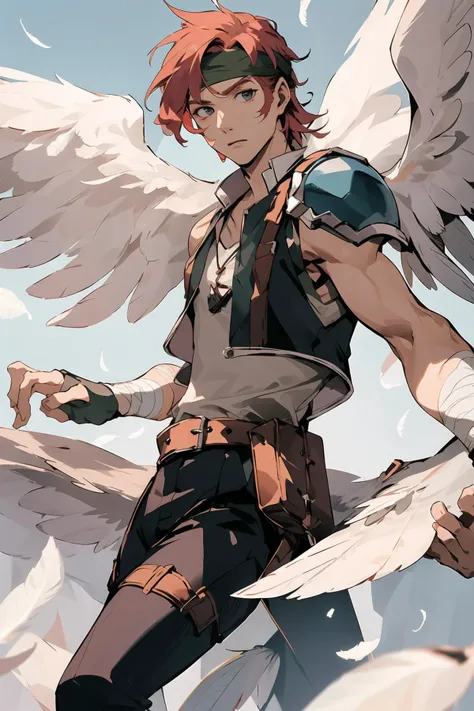 <lora:agatesora:1> masterpiece, best quality, agatesora, 1boy, red hair, head band, vest, shoulder armor, sleeveless shirt, necklace, bandages, fingerless gloves, pants, dynamic pose, (Feathers, angel wings, feathered wings:1.3), shining, sky, outstretched...