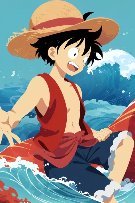 anime boy in a straw hat riding a surfboard on a wave