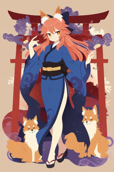 a woman in a blue kimono outfit with two dogs