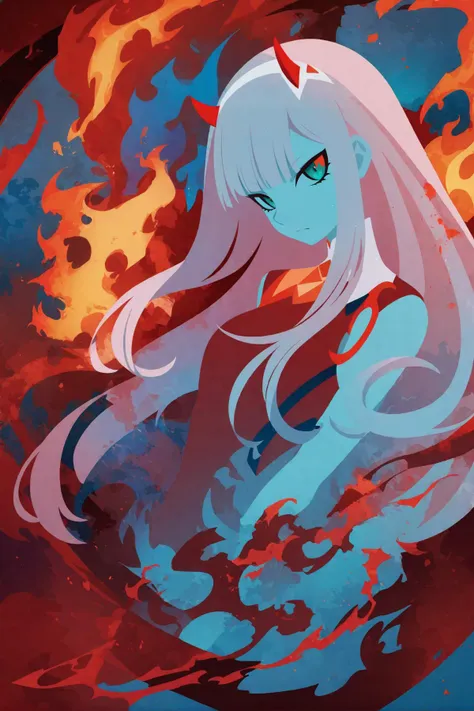 sambanekostyle, masterpiece, best quality, very aesthetic, absurdres, simple background,
zero two (darling in the franxx),  18 years old, mature female, (adult:1.4), red little horns, solo, fire, hell,close up,
<lora:SambaNekoStyle:0.8>