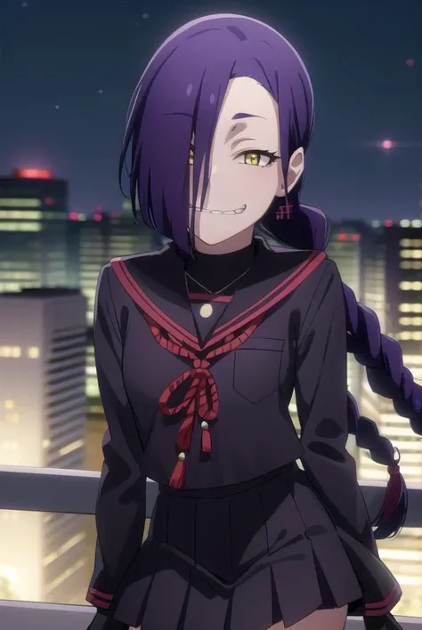 maganechikujouin, <lora:magane chikujouin s1-lora-nochekaiser:1>, 
magane chikujouin, long hair, purple hair, braid, single braid, (hair over one eye:1.5), (yellow eyes:1.3), sharp teeth, smile, grin,
BREAK skirt, thighhighs, gloves, jewelry, school unifor...