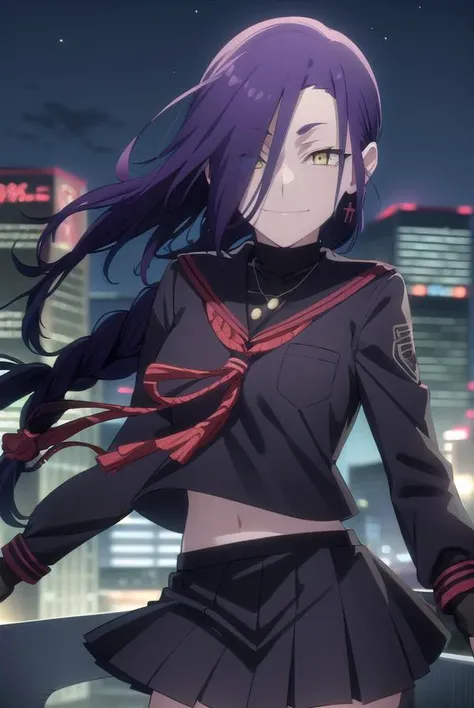 maganechikujouin, <lora:magane chikujouin s1-lora-nochekaiser:1>, 
magane chikujouin, long hair, purple hair, braid, single braid, (hair over one eye:1.5), (yellow eyes:1.3), smile, grin,
BREAK skirt, thighhighs, gloves, jewelry, school uniform, earrings, ...