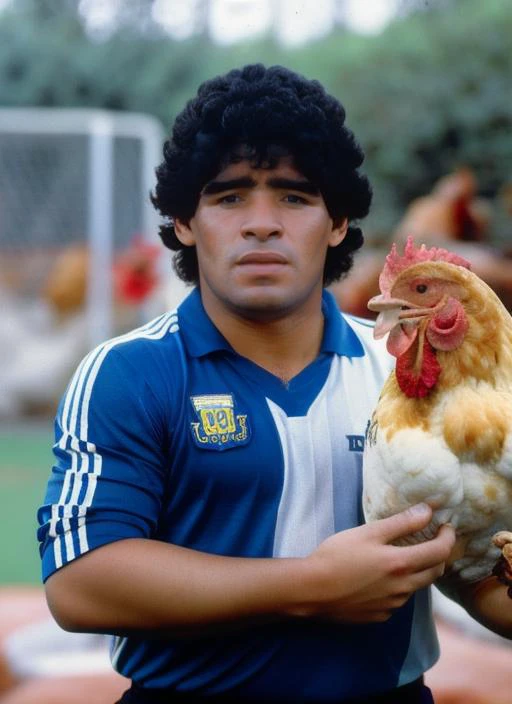 portrait of man (maradona:1), with serious look with short hair, holding a (chicken in arms:1.3), (outdoors:1.2), natural lighting, 4k, 8k, 8k realistic, sharp focus, intricate, high resolution <lora:maradona:0.85>