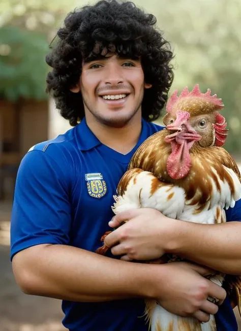 portrait of man (maradona:1) smiling, with long curly hair, holding a (chicken in arms:1.3), (outdoors:1.2), natural lighting, 4k, 8k, 8k realistic, sharp focus, intricate, high resolution <lora:maradona:0.90>