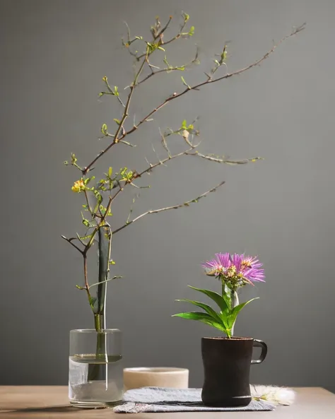 on a gray background wall, a white bottleis placed on the coffee table, with a branch inserted inside, and a small flower on the...