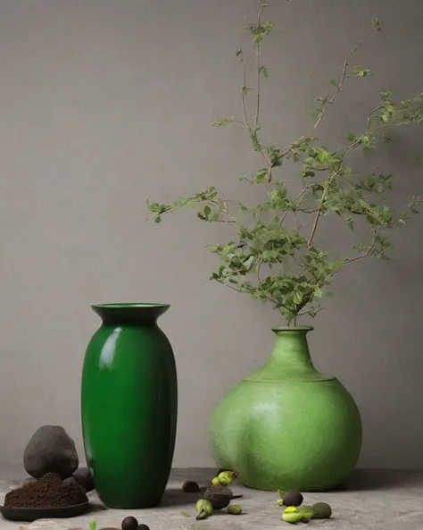 ,a large green vase with a handle on a stand on a gray background with a black object in the middle,qingtongqi,  loose soil  fan...