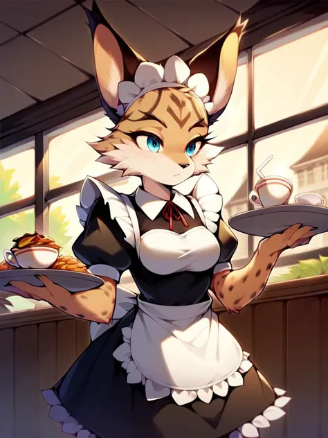 anime character of a cat waitress holding a tray of food