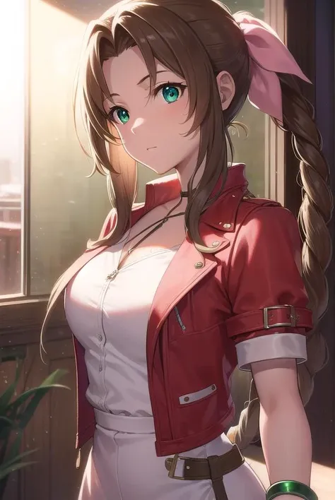 aerithgainsborough, <lyco:aerithgainsborough-lyco-nochekaiser:1>,
aerith gainsborough, braid, braided ponytail, (green eyes:1.5), hair ribbon, long hair, parted bangs, brown hair, sidelocks,
BREAK bangle, bracelet, choker, cropped jacket, dress, jacket, je...