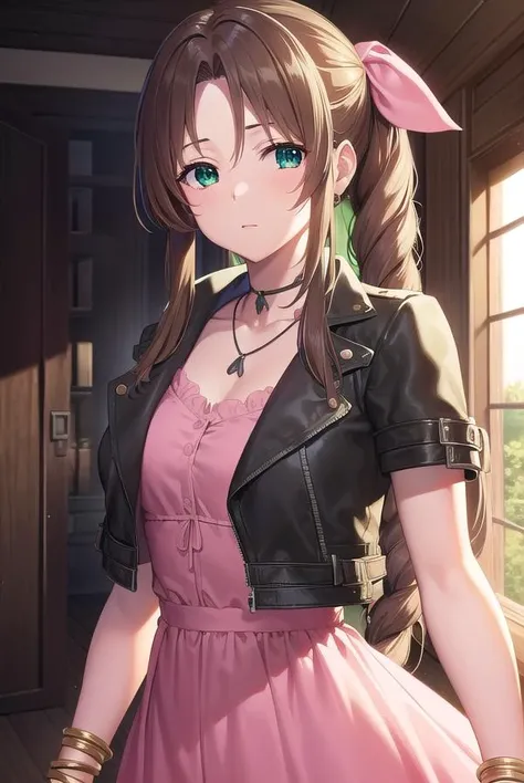 aerithgainsborough, <lyco:aerithgainsborough-lyco-nochekaiser:1>,
aerith gainsborough, braid, braided ponytail, (green eyes:1.5), hair ribbon, long hair, parted bangs, brown hair, sidelocks,
BREAK bangle, bracelet, choker, cropped jacket, dress, jacket, je...