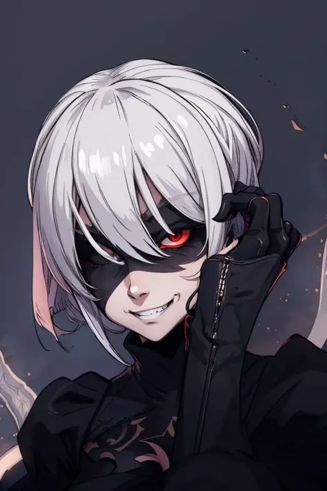 lineart, beautiful demonic woman, sexy, white long hair,big fangs, horns, <lora:y2b_v2-1:1> hm2b, black blindfold, covered eyes, mole under mouth, clothing cutout, long sleeves, puffy sleeves, juliet sleeves, feather trim, black thighhighs, black gloves, b...