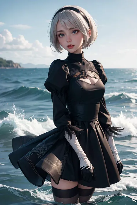 masterpiece,best quality,highres,1girl,solo,<lora:y2b_v2-1:0.7>,hm2b,mole under mouth,clothing cutout,long sleeves,puffy sleeves,juliet sleeves,feather trim,black thighhighs,black gloves,black dress,black skirt,ocean,in water,looking ahead,