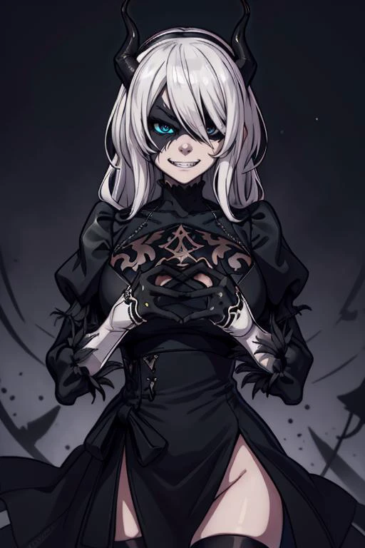 lineart, beautiful demonic woman, sexy, white long hair,big fangs, horns, <lora:y2b_v2-1:1> hm2b, black blindfold, covered eyes, mole under mouth, clothing cutout, long sleeves, puffy sleeves, juliet sleeves, feather trim, black thighhighs, black gloves, b...