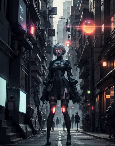 <lora:y2b_v2-1:0.6> hm2b, ((((glowing eyes)))), mole under mouth, clothing cutout, long sleeves, puffy sleeves, juliet sleeves, feather trim, black thighhighs, black gloves, black dress, black skirt, dystopian city, cyberpunk style, ((machine gun)), roboti...