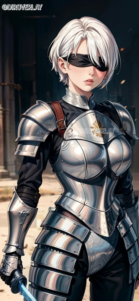 a woman in armor holding a sword and a sword