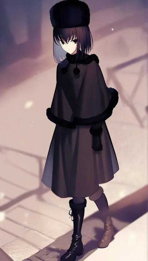 anime girl in a black coat and hat standing on a sidewalk