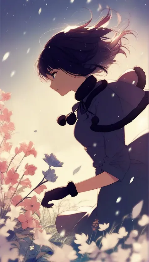 anime girl with a backpack and gloves walking through a field of flowers