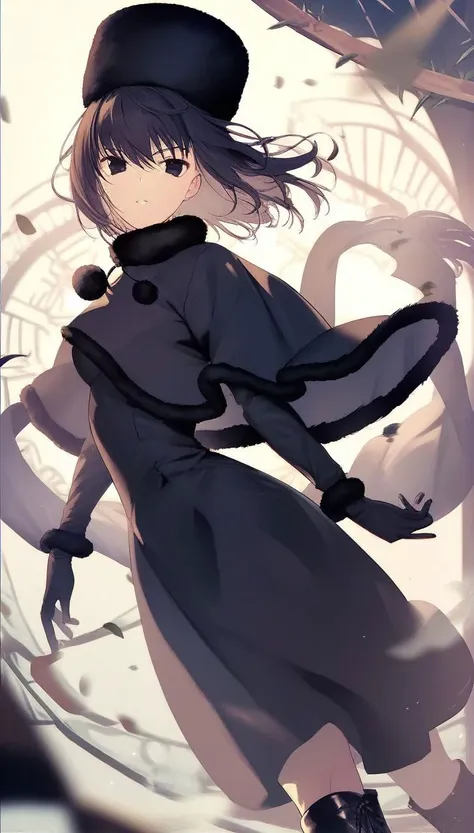 anime girl in a black dress and top hat with a clock in the background