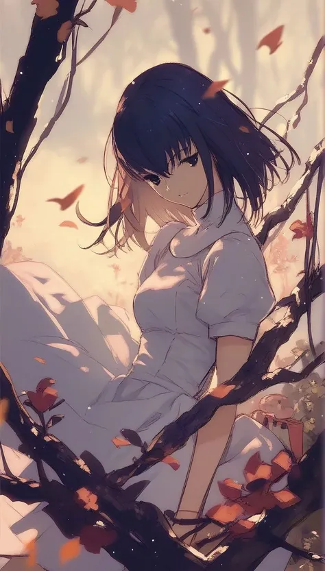 anime girl sitting in a tree with leaves flying around her