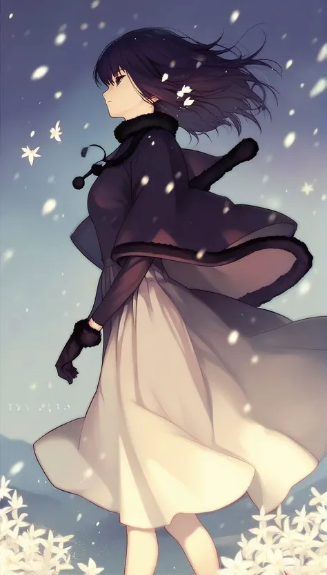 a woman in a dress and gloves walking through snow covered ground