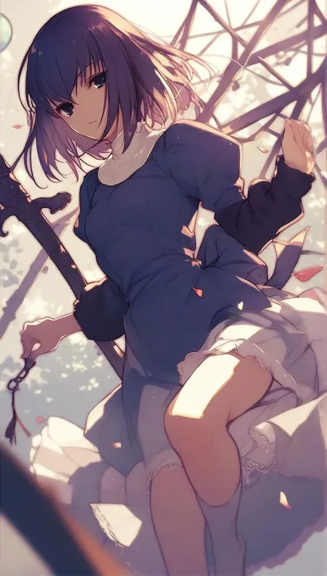 anime girl with gun sitting on a swing in the air