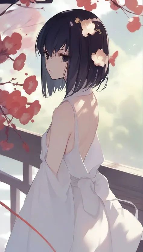 anime girl in white dress looking out over a balcony