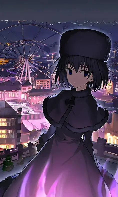 anime girl in a purple dress standing on a roof with a ferris wheel in the background