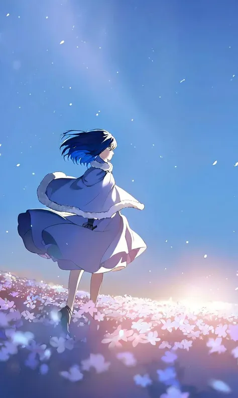 anime girl in white dress running through a field of flowers