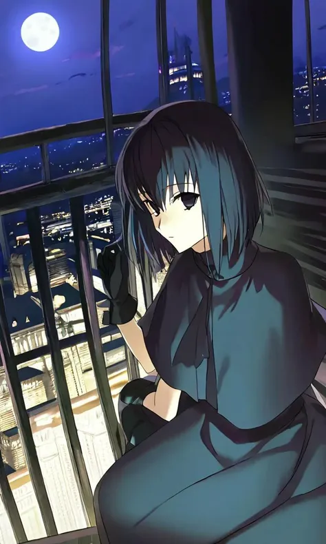 anime girl sitting on a balcony looking out at the city