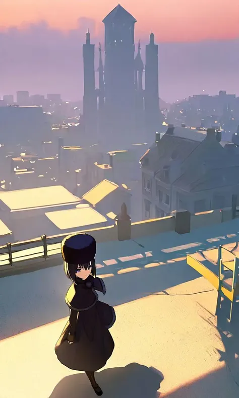 anime girl walking on rooftop with city skyline in background