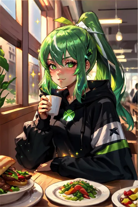 anime girl with green hair sitting at a table with plates of food