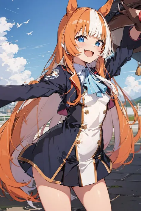 (absurdres:1.30), highres, ultra detailed, <lora:akikawa_yayoi_v1:0.70> loli, akikawa_yayoi, blue eyes, long hair, orange hair, white hair, two-tone hair, multicolored hair, horse girl, horse ears, small breasts, BREAK, penguin costume, laugh, outstretched...