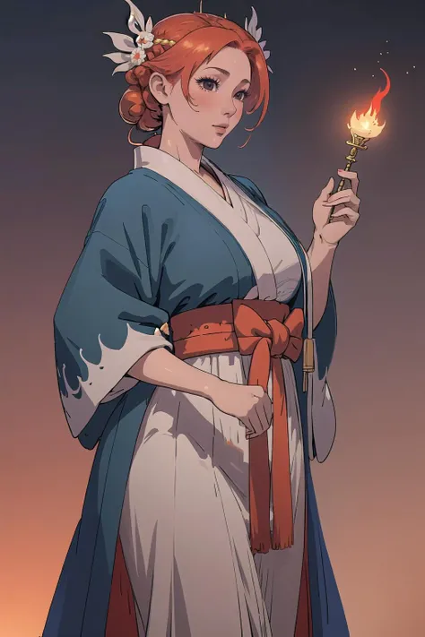 (masterpiece, best_quality, ultra-detailed, immaculate:1.3), epic, illustration, welcoming, 1girl, priestess, matte auburn hair, Tri-Braided Bun,bombshell hime cut, casting spell, gradient background, kimono, skirt lift, on stomach<lyco:EnvyBeautyMix11d:1>