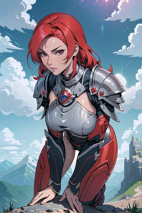 (masterpiece, best_quality, ultra-detailed, immaculate:1.3), epic, illustration, mountain fighter lord villainess, armor, pauldrons, crimson hair, Scene Hair, claw pose, in the  clouds, power armor, leaning forward<lyco:EnvyBeautyMix11:1>